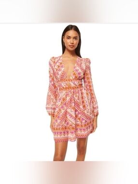 Misa Los Angeles Plunge V-Neck Pink & Orange Geometric Long-Sleeve Dress, Size L
